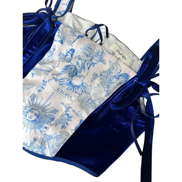 Simple Retro Navy Blue Floral Side Velvet Bustier Corset Top Size S - Picture 2 of 8